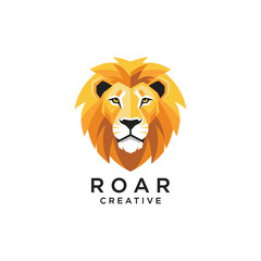 Geometric lion head logo with a golden mane and the word 