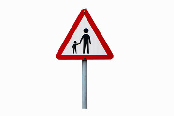 School roadside warning sign students or people crossing isolated on white background. Symbol white triangular aluminum, red post about pedestrian crossing road sign traffic.