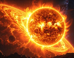 Fiery celestial body with ring system, intense energy radiating outwards