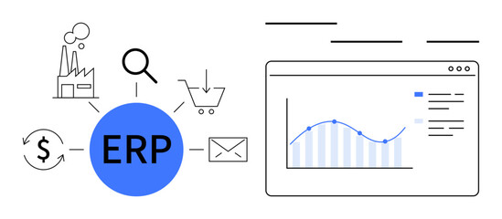 Obraz premium Blueprint of ERP system showing integration with supply chain, finance, email, e-commerce, and analytics. Ideal for business management, process optimization, data analysis, digital solutions