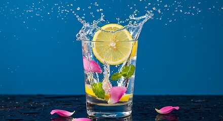 Refreshing Splash: Lemon Slice and Mint Splashing in a Glass of Clear Water