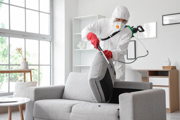 Male pest control specialist disinfecting sofa for cockroaches in room