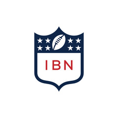 IBN American Football Logo Design. IBN Modern Sports Shield Emblem with Stars and Ball for Football Club IBN Tournament and Team Branding.
