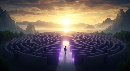 Man Entering Circular Maze at Epic Sunset