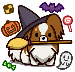 ハロウィン仮装のホワイトアンドレッドのパピヨン