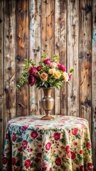 Distressed wooden table with a large floral patterned tablecloth and a vase filled with fresh flowers in a vintage style background