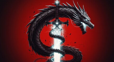 Dark Dragon Coiled Around Glowing Sword