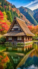 Traditional Japanese thatched-roof cottage with a wooden beam structure against a backdrop of vibrant autumn foliage and a serene mountain lake