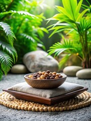 Minimalist Zen garden with serenity beads on a cushion
