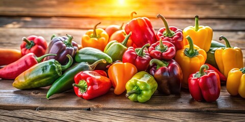 A colorful assortment of peppers in various hues placed artfully on a wooden table with natural light shining through
