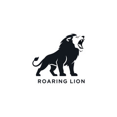A powerful silhouette of a roaring lion with its mouth open, showcasing its mane and regal stance, presented as a clean graphic logo.