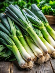 Close-up of raw green organic leeks ready to chop