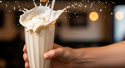 Splashing vanilla milkshake with whipped cream in glass, captured in motion.
