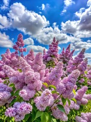 Lilac bushes in full bloom against a bright blue sky with fluffy white clouds and gentle breeze blowing through flowers
