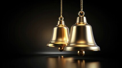 Two golden bells hang symmetrically on a sleek black background