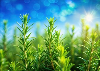 Dense green rosemary plants in a lush field with a soft close-up bokeh effect