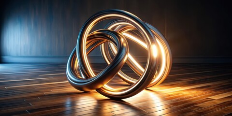 Glowing abstract sculpture with dark intertwined rings illuminated on a polished wooden floor