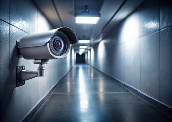 A security camera mounted on a wall with a night vision feature in dimly lit hallway