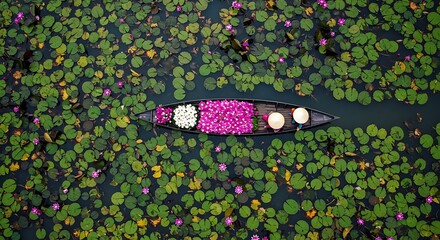 Aerial View of Vietnamese Women in Boat on Lotus Pond