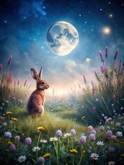 A lone rabbit escapes into a moonlit meadow