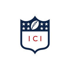 ICI American Football Logo Design. ICI Modern Sports Shield Emblem with Stars and Ball for Football Club ICI Tournament and Team Branding.
