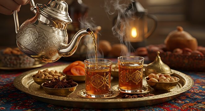 Traditional Moroccan Mint Tea Pouring Ceremony with Snacks