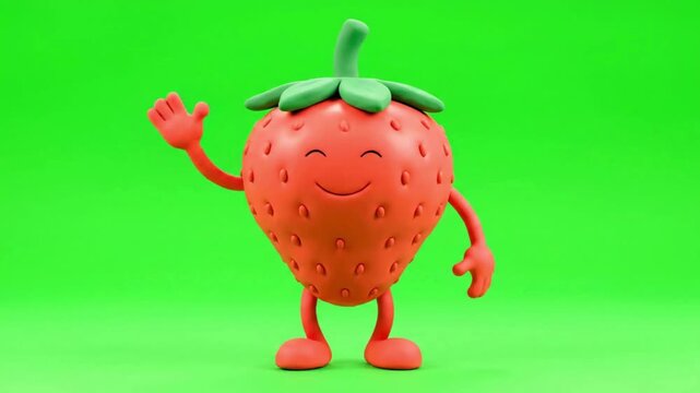 Strawberry mascot waving, walking motion, isolated greenscreen