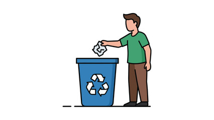 A person is shown throwing crumpled paper into a blue recycling bin with a prominent recycling symbol.