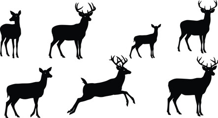 Deer silhouettes vector illustration, stag and doe graphic design, jumping deer artwork, forest wildlife animal shadow, hunting nature symbol, woodland mammal 