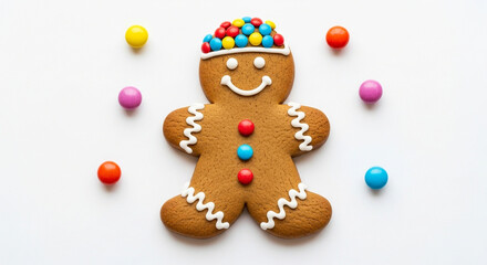 Gingerbread man cookie decorated with colorful candy, isolated on white background perfect for christmas and new year holiday