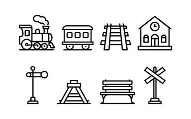 Set of black line icons illustrating railway and train station elements.
