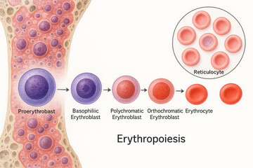 Illustration of Erythropoiesis, the process of red blood cell formation, from proerythroblast to mature erythrocyte within the bone marrow.