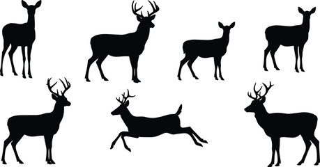 Deer silhouettes with antlers, wildlife animal vector, stag and doe illustration, jumping deer shadow, hunting design, forest animal artwork, nature symbol