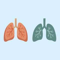 This illustration shows a comparison of healthy, pink lungs with damaged, dark lungs caused by smoking or pollution, illustrating the negative impact on respiratory health.