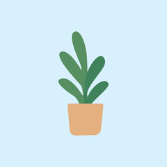 Illustration of a green houseplant in a simple pot on a light blue background, suitable for home decor, nature, freshness, and healthy lifestyle themes.