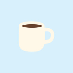 A simple coffee cup illustration with a hot chocolate drink on a light blue background, suitable for beverage, cafe, relaxation and lifestyle themes.