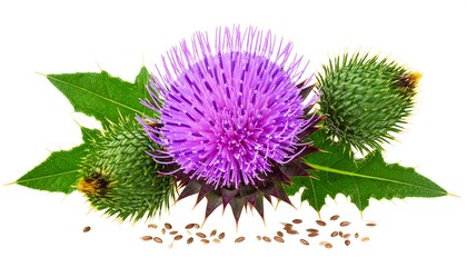 Close-up of a vibrant purple thistle flower with green leaves and seeds