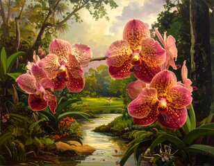 Orchids in a tropical landscape painting