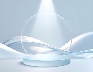 Abstract 3D Podium With Elegant Waves and Circular Elements Spotlighted