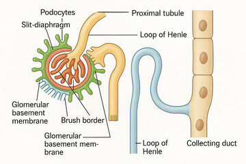 Anatomical illustration of a nephron, the functional unit of the kidney, detailing its components and their structure.