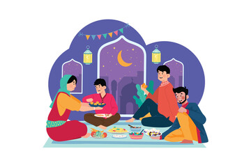 Muslim Family Breaking Fasting Together During Ramadan Iftar Gathering with Lanterns and Crescent Moon on a Transparent Background