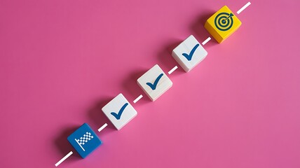 Progress towards achieving goals represented by blocks and a linear path on a vibrant pink background signifying success