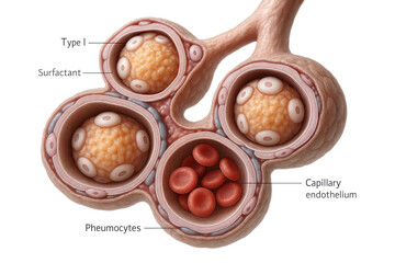 Detailed illustration of alveoli in the lungs, showing pulmonary surfactant, Type I pneumocytes, and red blood cells within a capillary endothelium.
