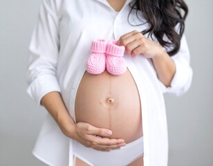 Pregnant woman gently cradles her baby bump, tiny pink booties resting on her belly