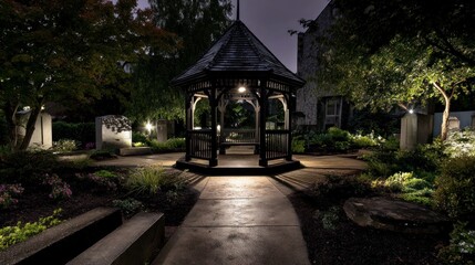 Nighttime gazebo garden scene