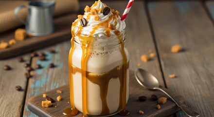 Caramel frappuccino topped with whipped cream and syrup in glass jar with straw.
