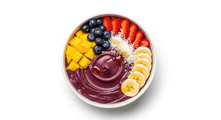 Colorful acai bowl topped with banana, strawberries, blueberries, mango and coconut.