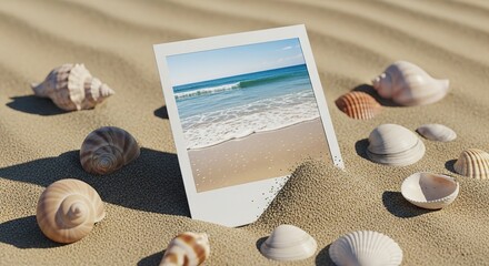 Instant photo of ocean waves on sandy beach with seashells around.