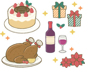 Christmas food, cake, and gifts