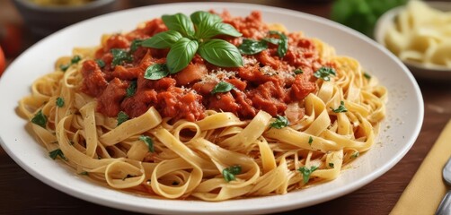 Close-up of tagliatelle pasta in rich tomato sauce, topped with parmesan and basil ,  rustic,  pasta dish,  cuisine